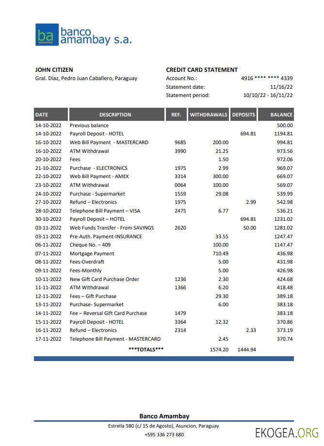 Relevé bancaire Paraguay Banco Amambay XLS